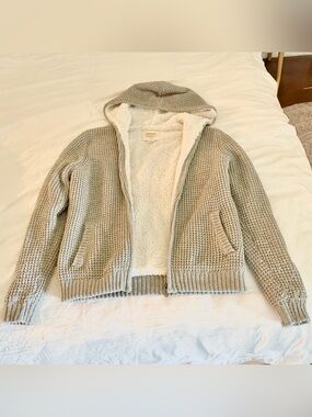 Ashley By 26 International Hooded Sherpa-Lined Zip Cardigan in Light Gray